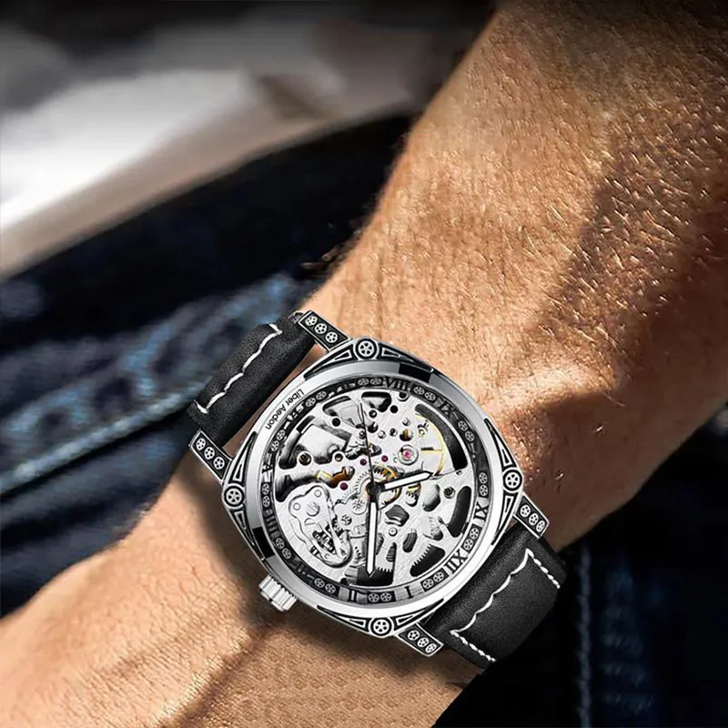 LIBER AEDON Wrist Watch Automatic Mechanical Movement Genuine Leather Strap Cut Out Dial Men's Watches-24
