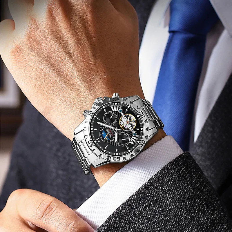 LIBER AEDON Artisan Collection Automatic Mechanical Movement Steel Strap Black Dial Men's Watches-8