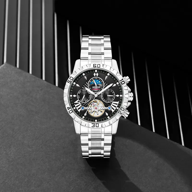 LIBER AEDON Artisan Collection Automatic Mechanical Movement Steel Strap Black Dial Men's Watches-6
