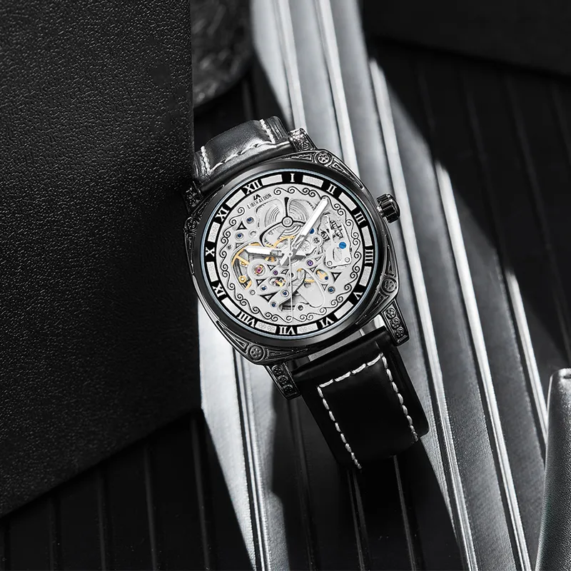 LIBER AEDON Automatic Mechanical Movement Genuine Leather Strap Black Dial Men's Watches-13