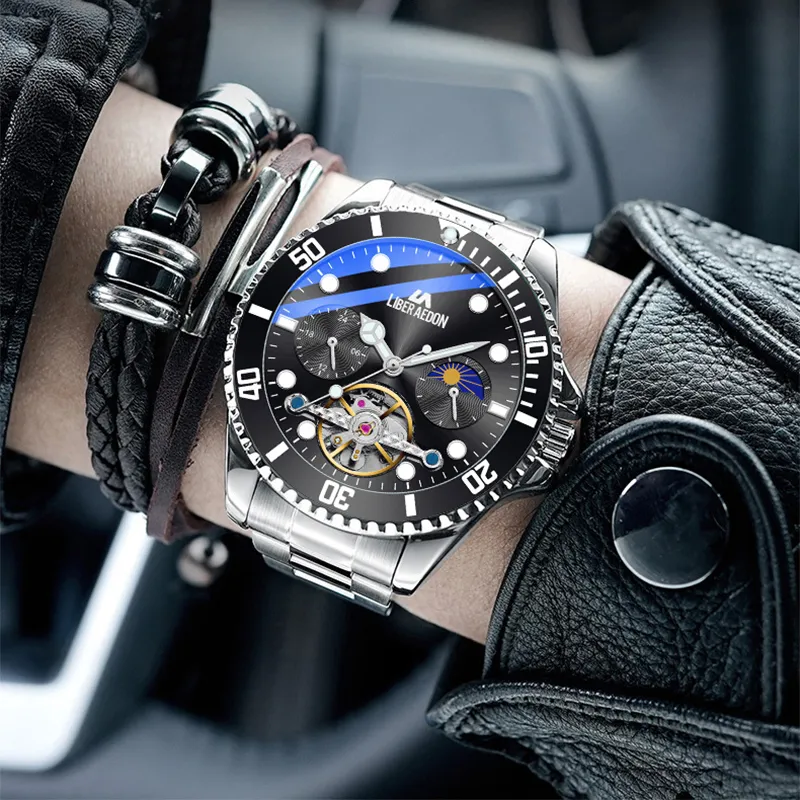 LIBER AEDON Automatic Mechanical Movement Black Dial Men's Watches Brand Exquisite Box-3
