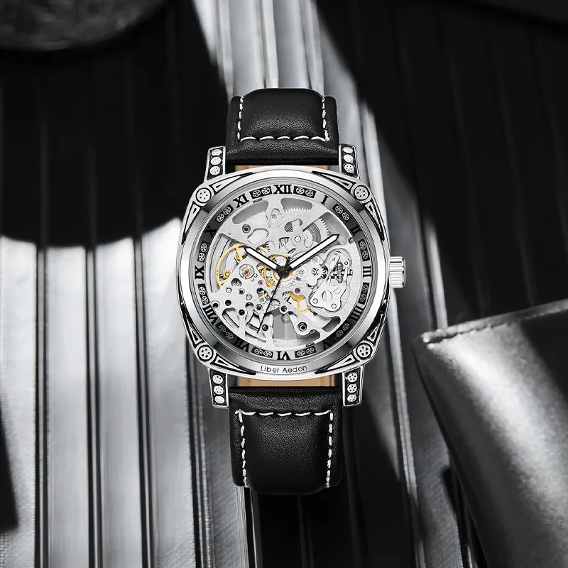 LIBER AEDON Wrist Watch Automatic Mechanical Movement Genuine Leather Strap Cut Out Dial Men's Watches-4