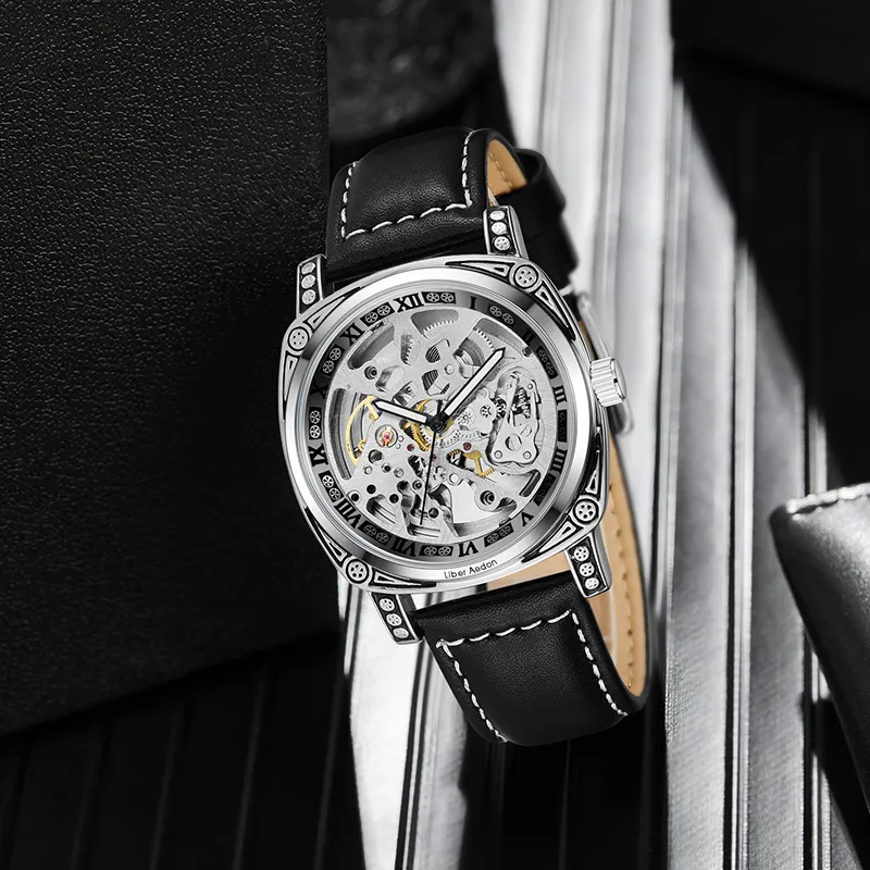 LIBER AEDON Wrist Watch Automatic Mechanical Movement Genuine Leather Strap Cut Out Dial Men's Watches-6