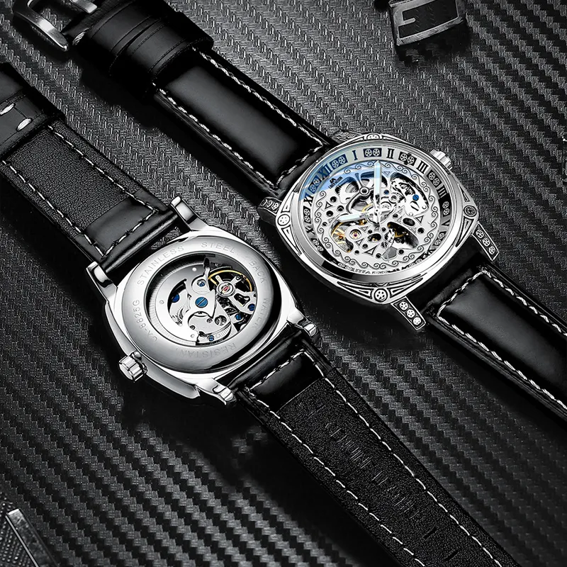 LIBER AEDON Automatic Mechanical Movement Genuine Leather Strap Black Dial Men's Watches-25