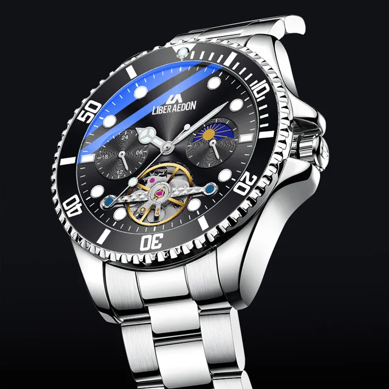 LIBER AEDON Automatic Mechanical Movement Black Dial Men's Watches Brand Exquisite Box-6