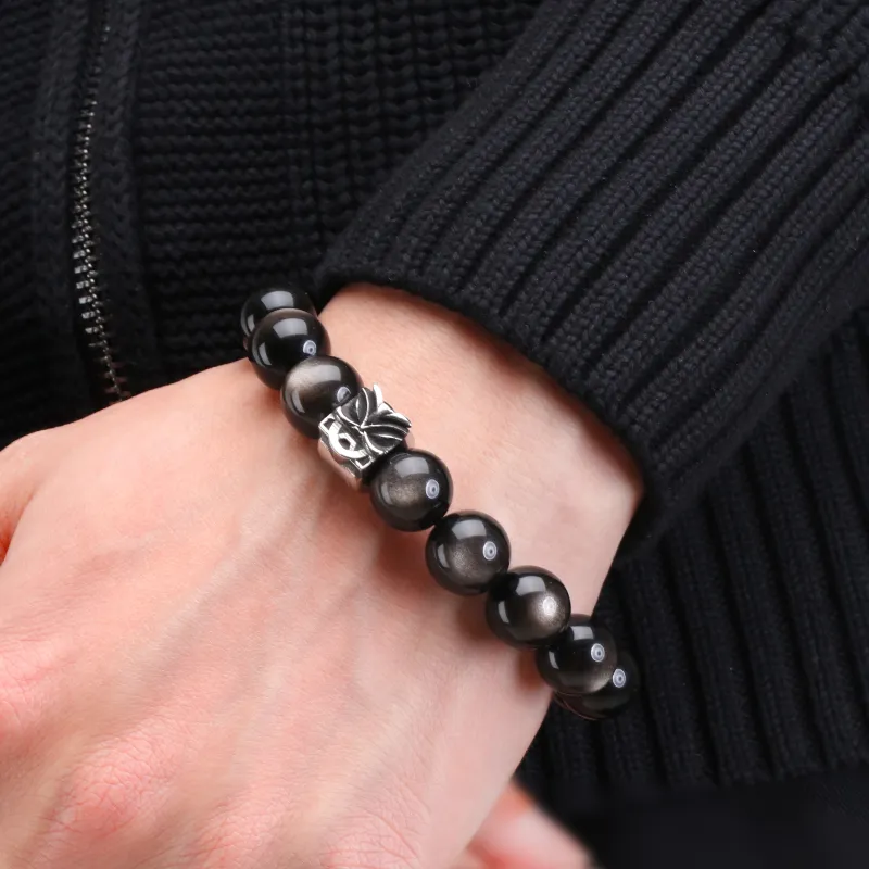 FOUNDIN Large Size 12mm Gold Sheen Obsidian Silver Sheen Obsidian Bracelets Men's-8
