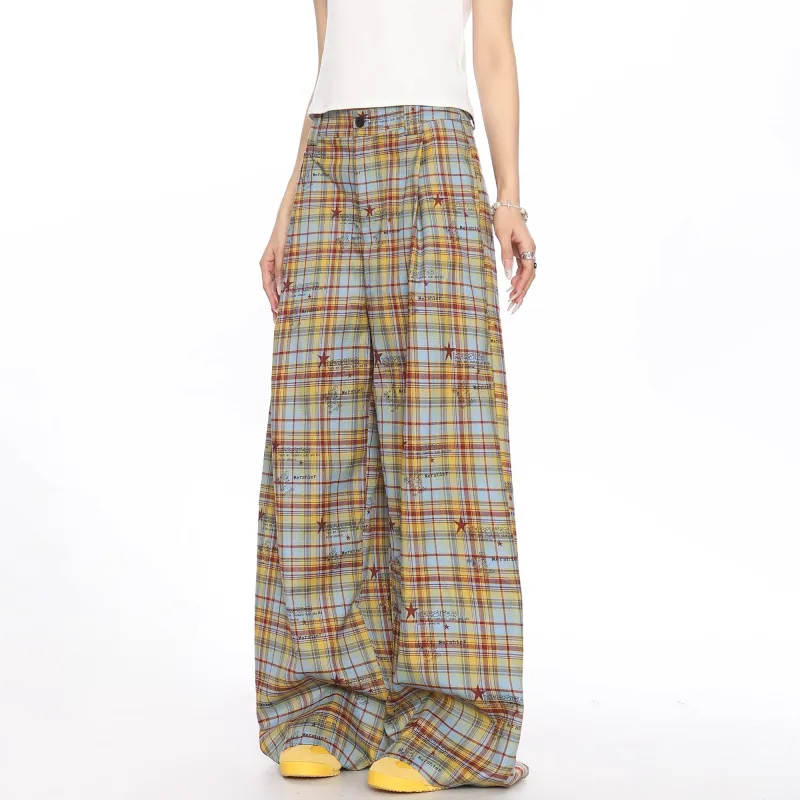 WELTER EXPERIMENT Casual Pants Unisex Yellow Blue Plaid Single Item-5
