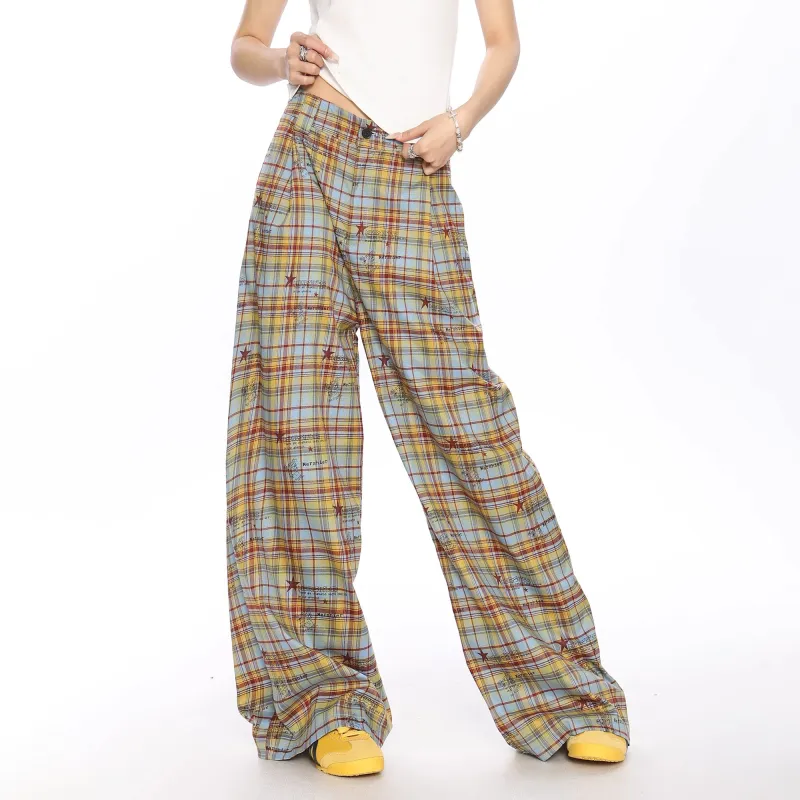 WELTER EXPERIMENT Casual Pants Unisex Yellow Blue Plaid Single Item-4