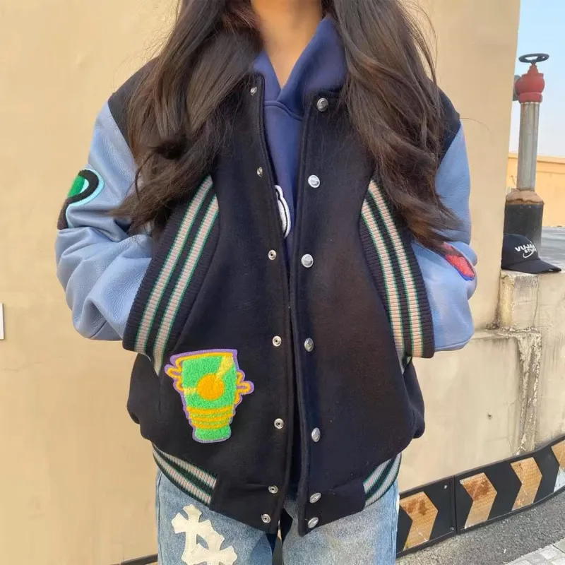 HOKLV Fashion Baseball Jacket Style Unisex Navy Blue Classic Tone-11