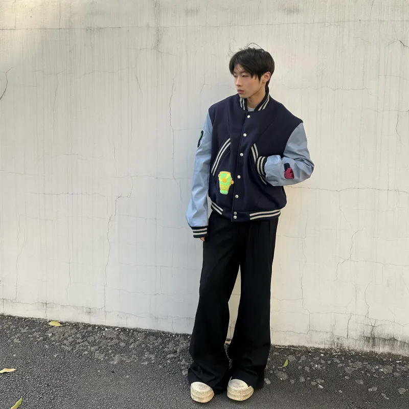HOKLV Fashion Baseball Jacket Style Unisex Navy Blue Classic Tone-14