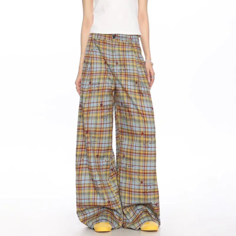 WELTER EXPERIMENT Casual Pants Unisex Yellow Blue Plaid Single Item-2