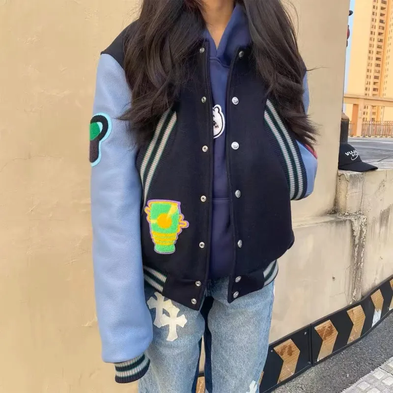 HOKLV Fashion Baseball Jacket Style Unisex Navy Blue Classic Tone-12