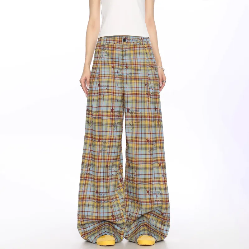 WELTER EXPERIMENT Casual Pants Unisex Yellow Blue Plaid Single Item-1
