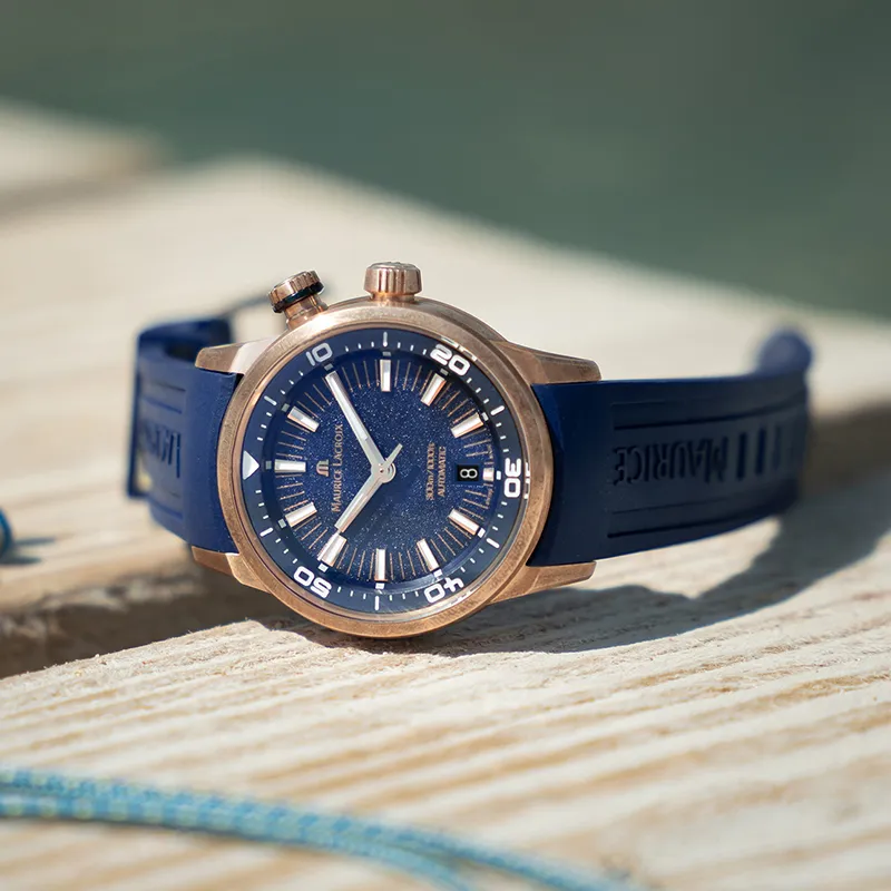 MAURICE LACROIX Automatic Mechanical Movement Men's Watches Watch 42 Blue Dial Bronze Watch Case Rubber Leather Strap-3