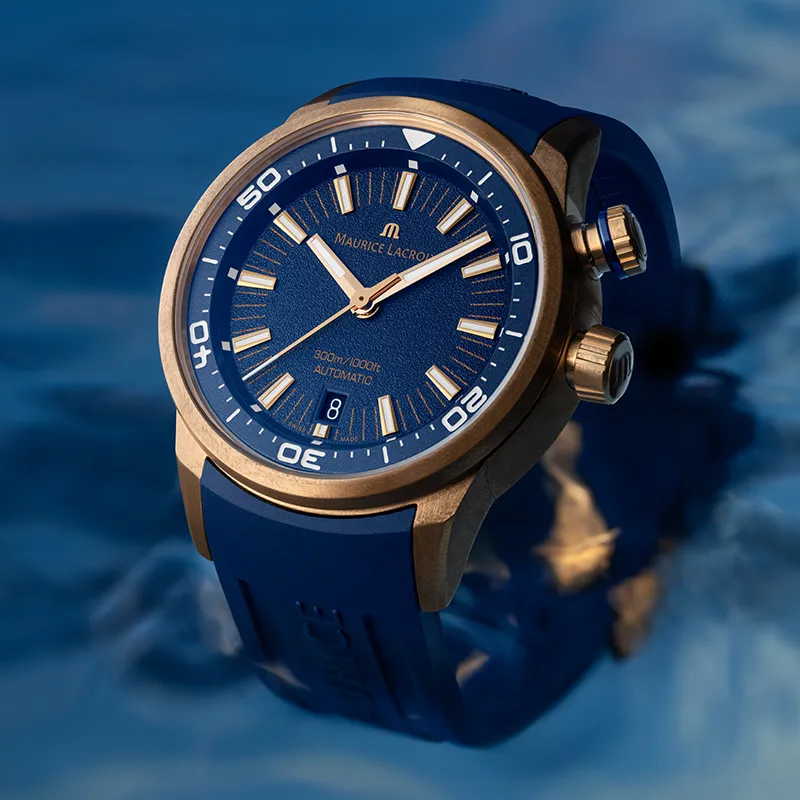 MAURICE LACROIX Automatic Mechanical Movement Men's Watches Watch 42 Blue Dial Bronze Watch Case Rubber Leather Strap-2