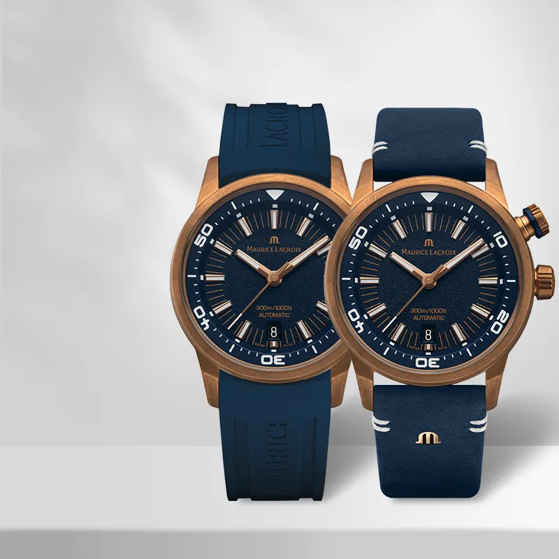 MAURICE LACROIX Automatic Mechanical Movement Men's Watches Watch 42 Blue Dial Bronze Watch Case Rubber Leather Strap-4