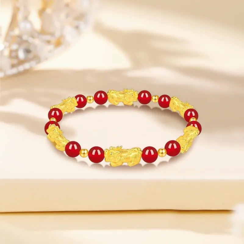 YORISTEINK Good Luck Pixiu Wealth Attraction New Chinese Style 999 Solid Gold Fixed Price Gold Bracelet Unisex-6