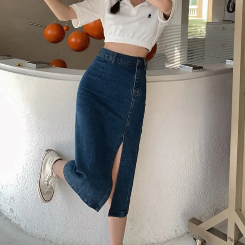 GTLA Denim Long Skirts Women's Blue-5