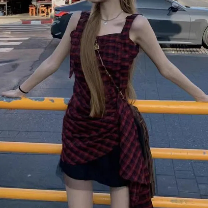GTLA Slip Dresses Women's Black Red Plaid-3