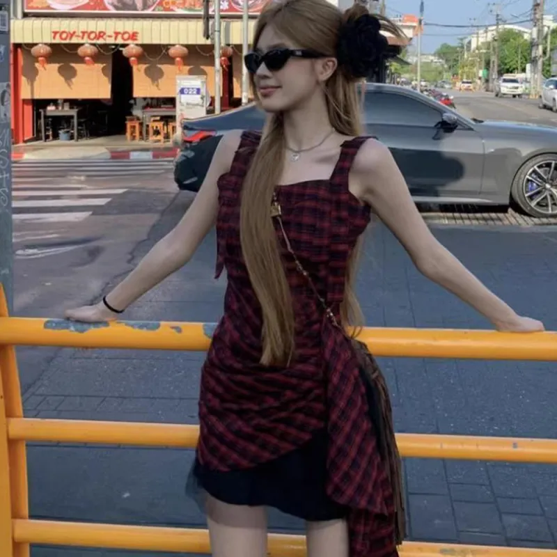 GTLA Slip Dresses Women's Black Red Plaid-7