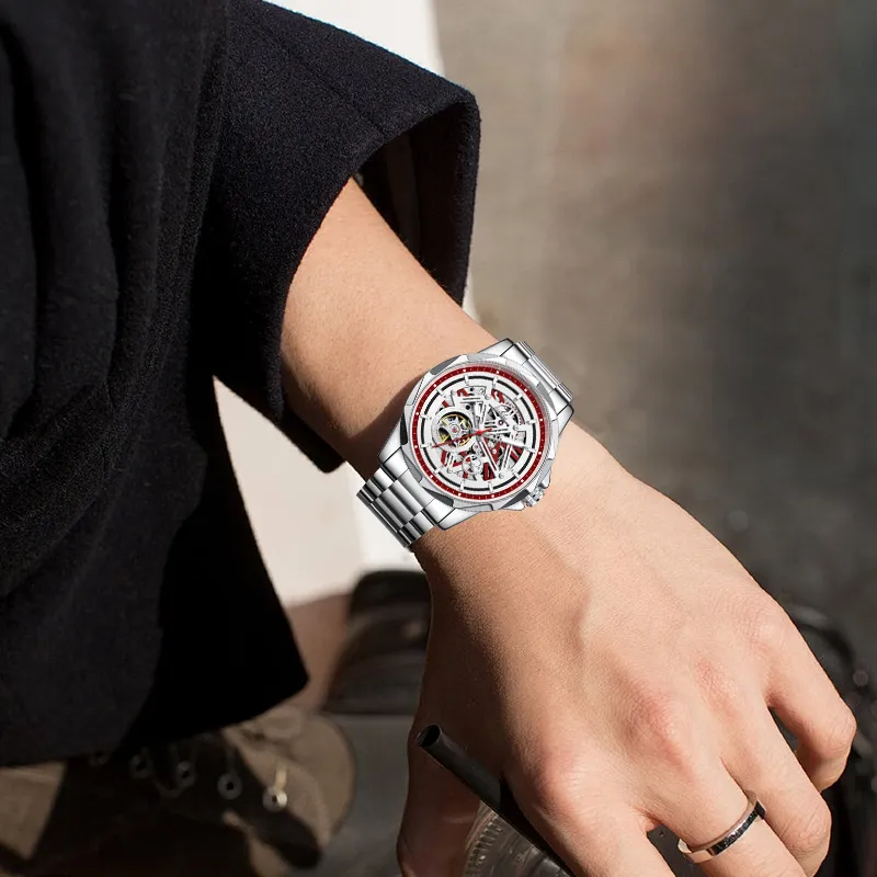 Lushika Speedster Collection Mechanical Movement Stainless Steel Watchband Watch Men's Watches Red Watch Dial-4
