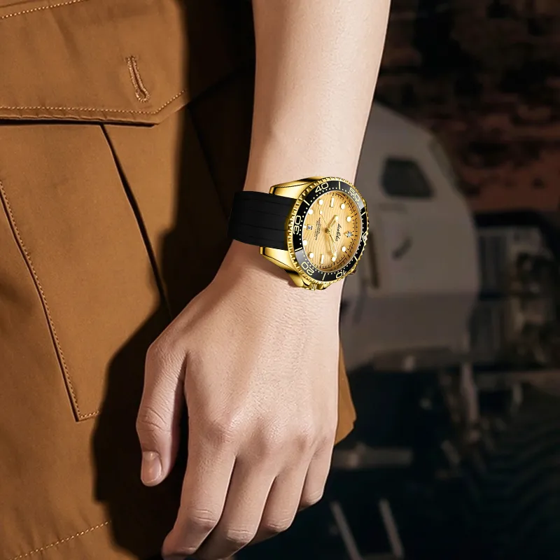 Lushika Golden Yacht Collection Quartz, Automatic Mechanical Movement Silicone Strap Watch Men's Watches Gold Dial-4