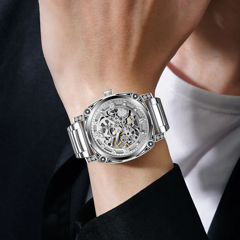 Lushika Mechanical Movement Steel Strap Watch Men's Watches Silver Dial-2