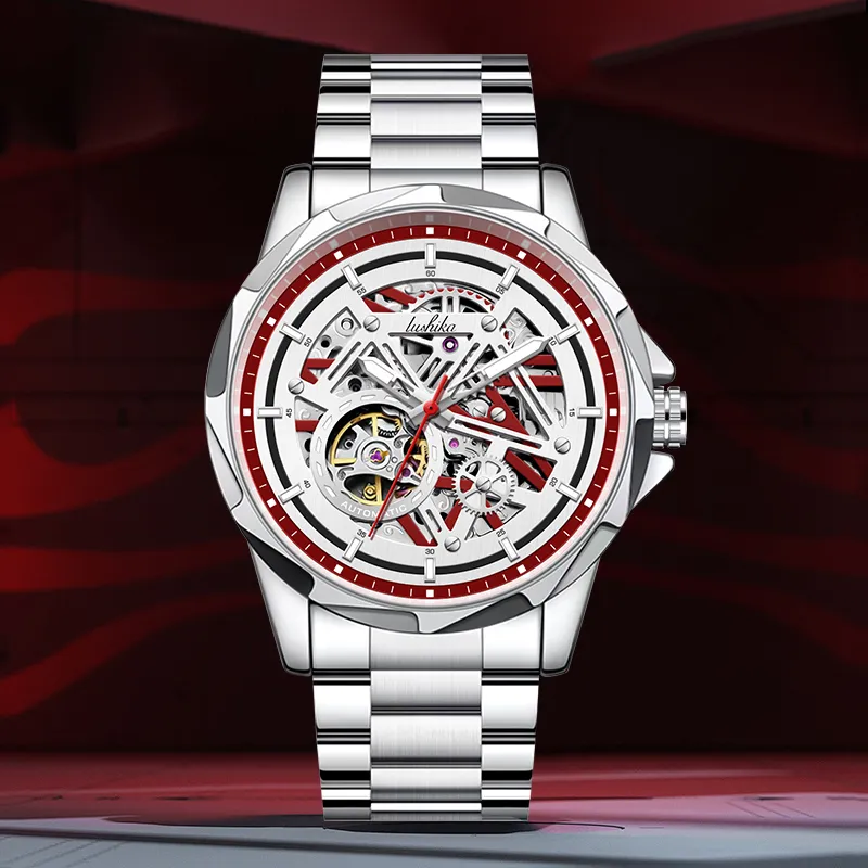 Lushika Speedster Collection Mechanical Movement Stainless Steel Watchband Watch Men's Watches Red Watch Dial-1