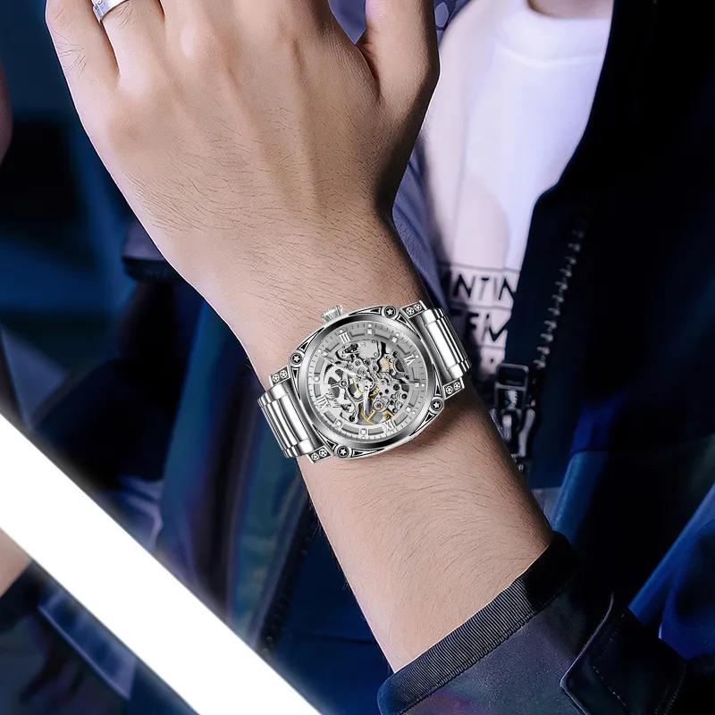 Lushika Mechanical Movement Steel Strap Watch Men's Watches Silver Dial-5