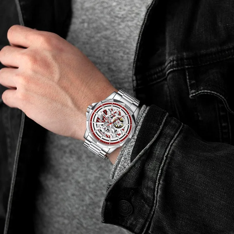 Lushika Speedster Collection Mechanical Movement Stainless Steel Watchband Watch Men's Watches Red Watch Dial-2
