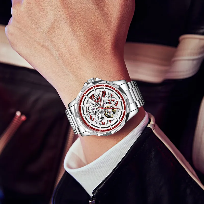 Lushika Speedster Collection Mechanical Movement Stainless Steel Watchband Watch Men's Watches Red Watch Dial-5