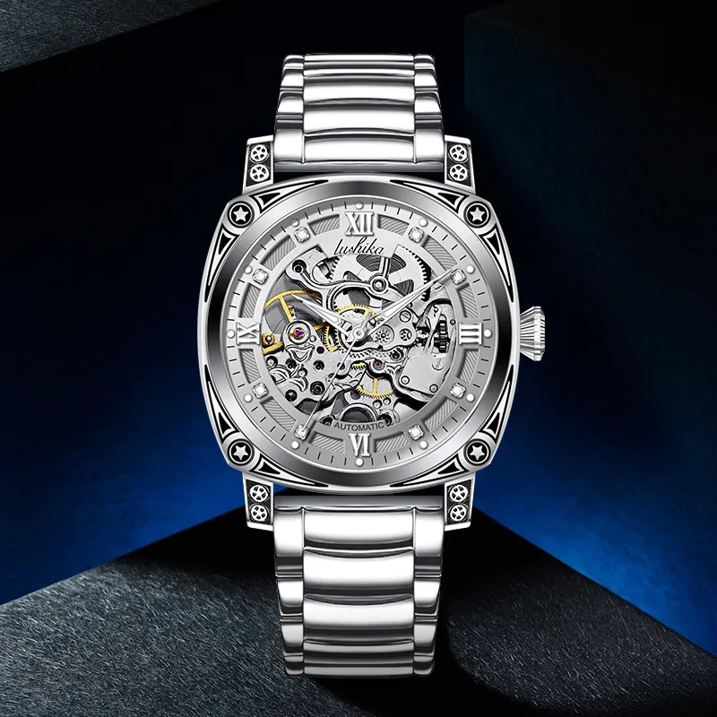 Lushika Mechanical Movement Steel Strap Watch Men's Watches Silver Dial-1