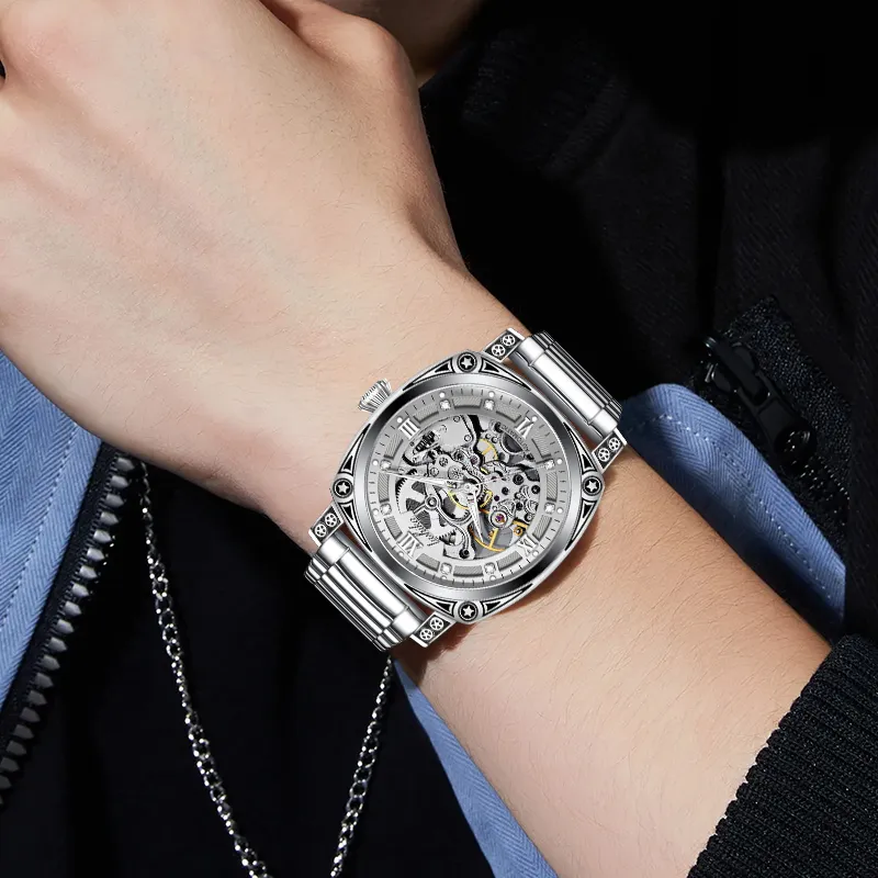 Lushika Mechanical Movement Steel Strap Watch Men's Watches Silver Dial-4