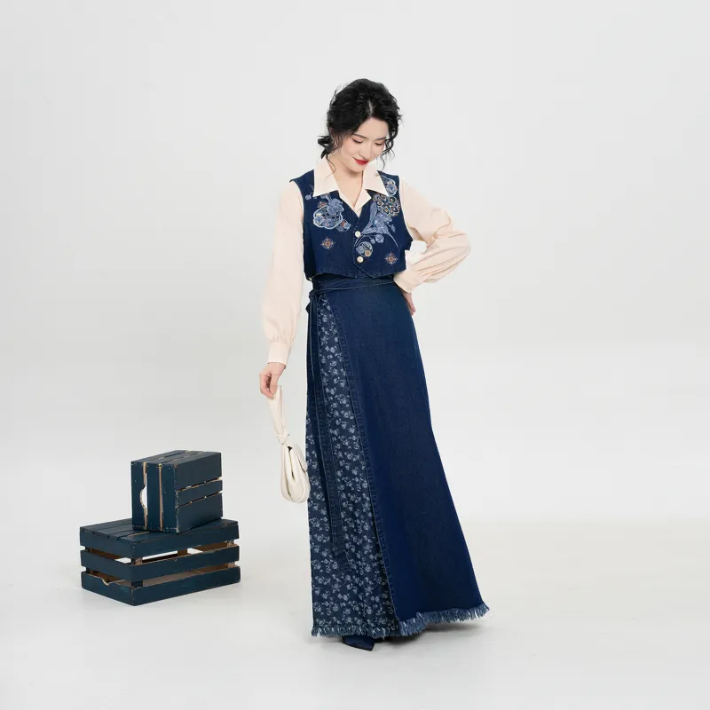 Weaving Division Hanfu Women's Three Piece Set Vest+Shirt+Skirt-3