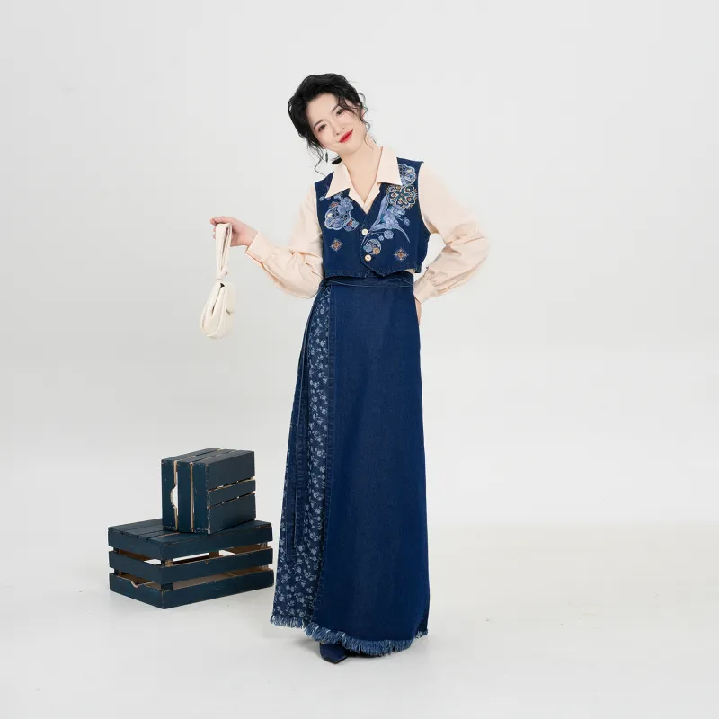 Weaving Division Hanfu Women's Three Piece Set Vest+Shirt+Skirt-4