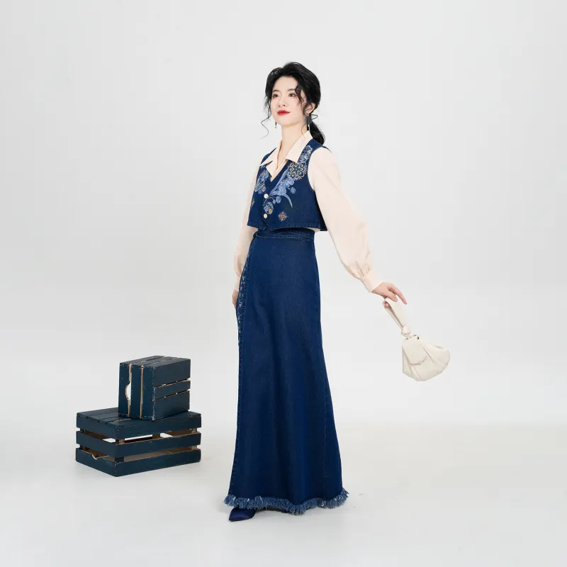 Weaving Division Hanfu Women's Three Piece Set Vest+Shirt+Skirt-5