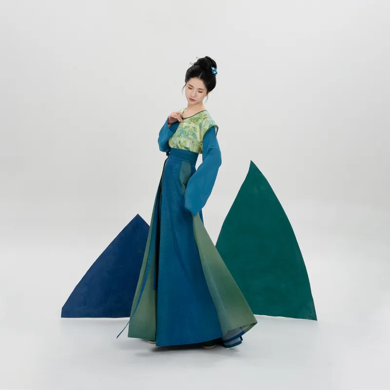 Weaving Division Hanfu Women's Three Piece Set Tang Beshi+Round Neck Top+Eight Slit Skirt-3