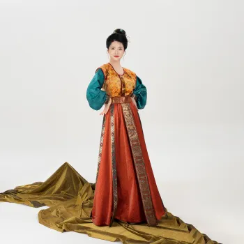 Weaving Division Hanfu Women's Four Piece Set Round Neck Top+Tang Robe+Eight Slit Skirt+Ribbon