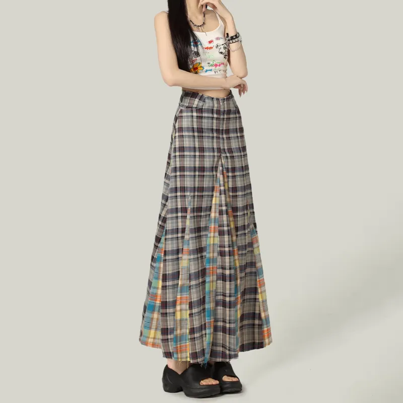 AURORA MUSE Casual Long Skirt Women's Multicolor Plaid-3