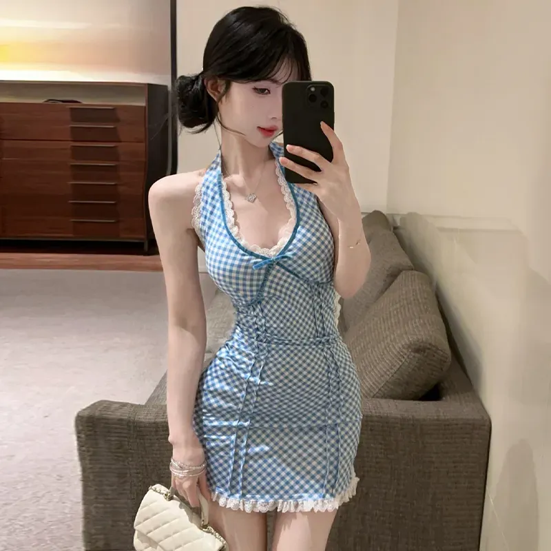 AURORA MUSE Slip Dresses Women's Blue Plaid-4