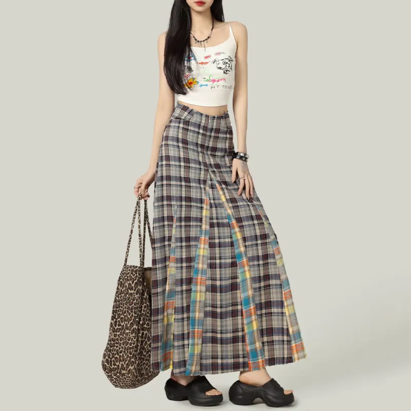 AURORA MUSE Casual Long Skirt Women's Multicolor Plaid-4