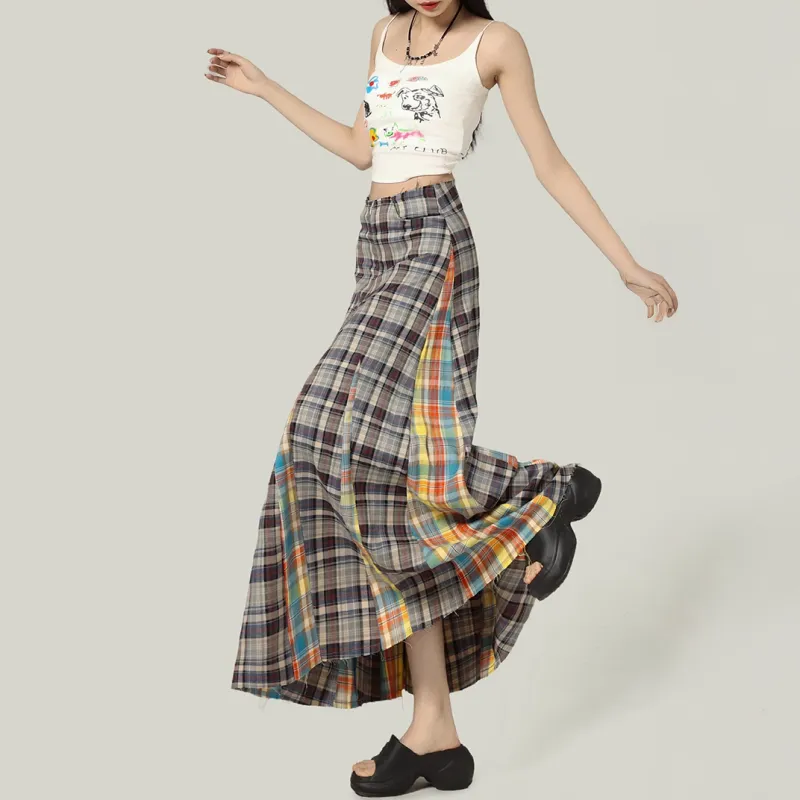 AURORA MUSE Casual Long Skirt Women's Multicolor Plaid-5