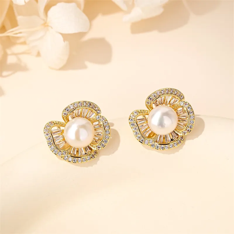 QLADY Freshwater Pearl Stud Earrings Women's-5
