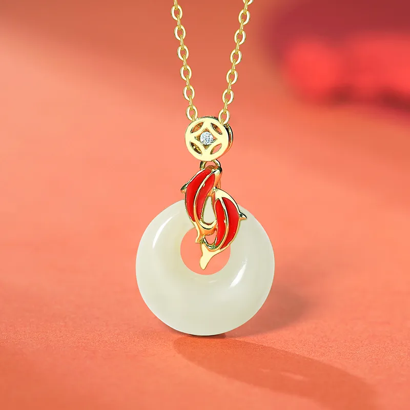 ZENGCAI New Chinese Style Chinese Fashion Trend, Niche Design Peace Buckle Necklace Pale Greenish White Jade Women's-1