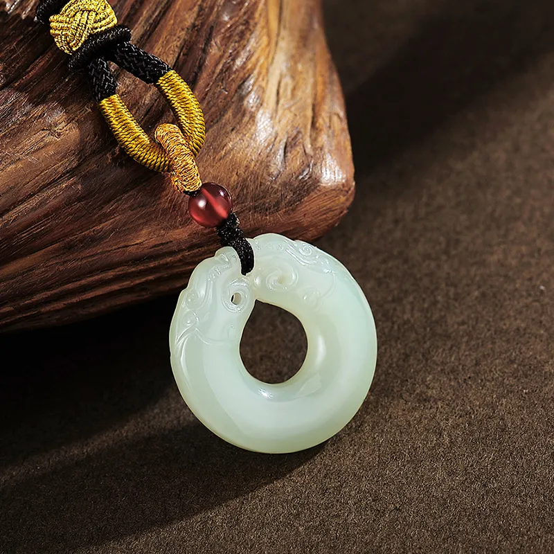 ZENGCAI Chinese Style Double Sided Carving Jade Necklace With God Beast Pendant Pale Greenish White Jade Unisex-1
