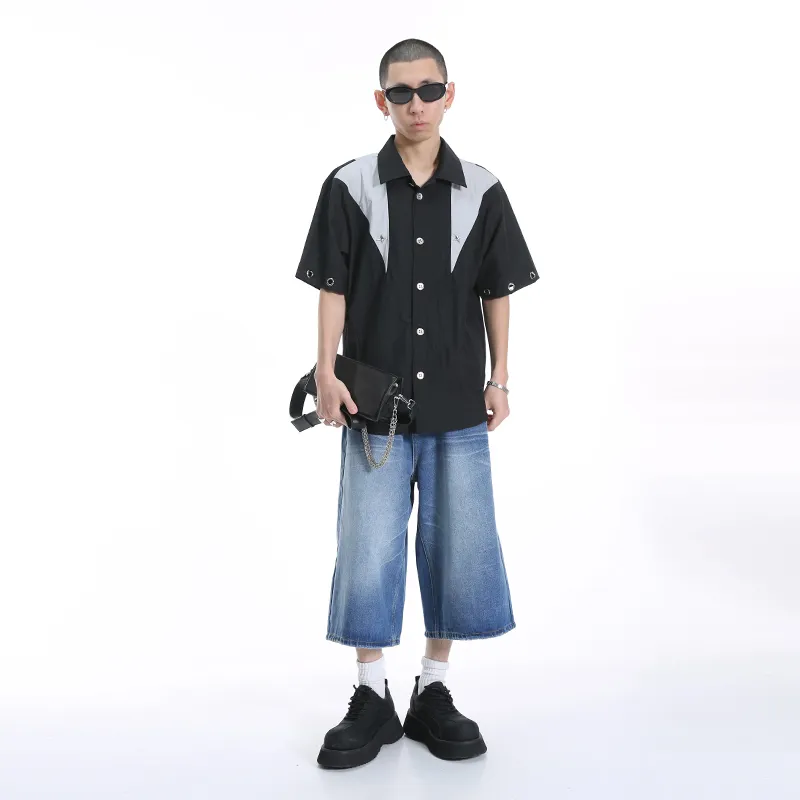 Voguo Relay Multi Metal Buckle Short Sleeved Shirt Unisex Black, Gray-2