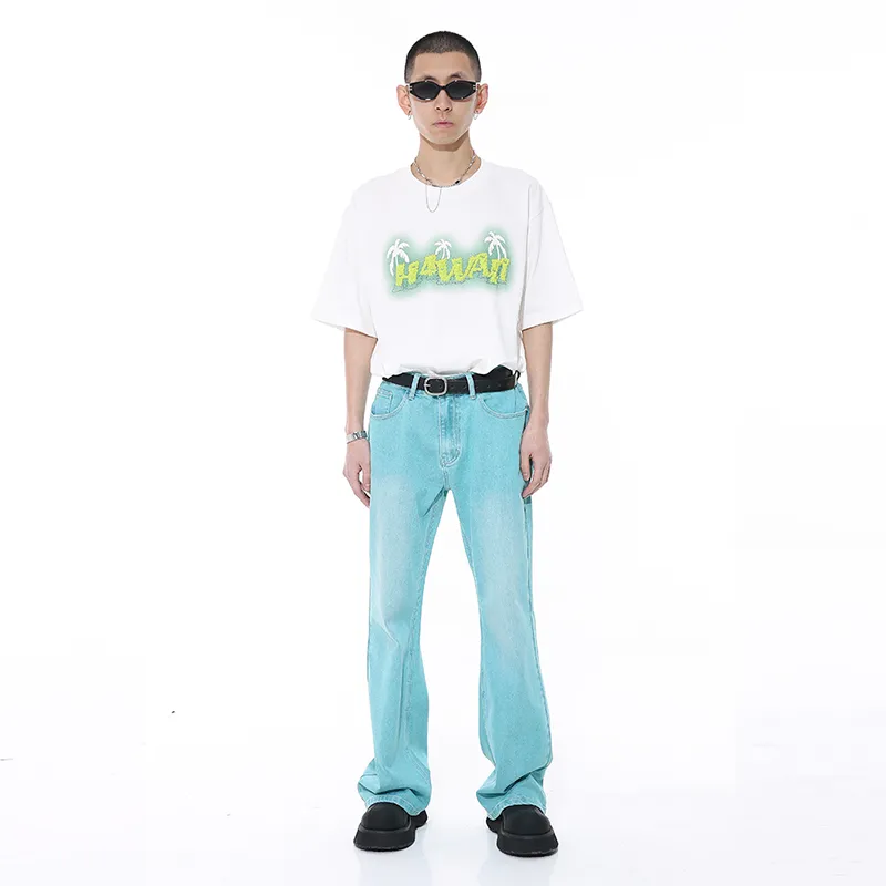 Voguo Relay Niche Jeans Bootcut Unisex Bamboo Leaf Cyan-4