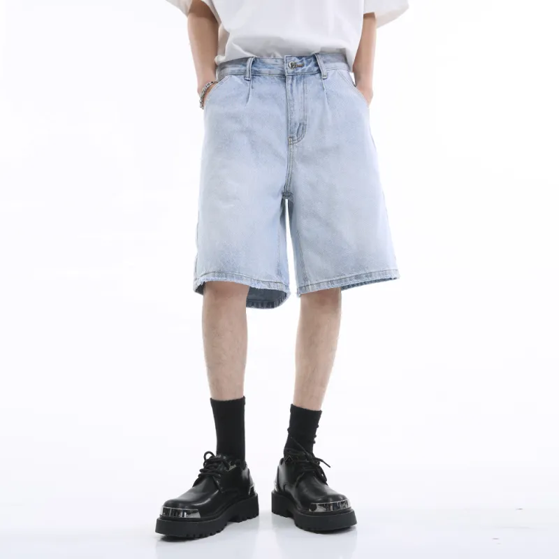 Voguo Relay 2024 Summer Solid Color Denim Shorts Unisex Moon White Blue-5