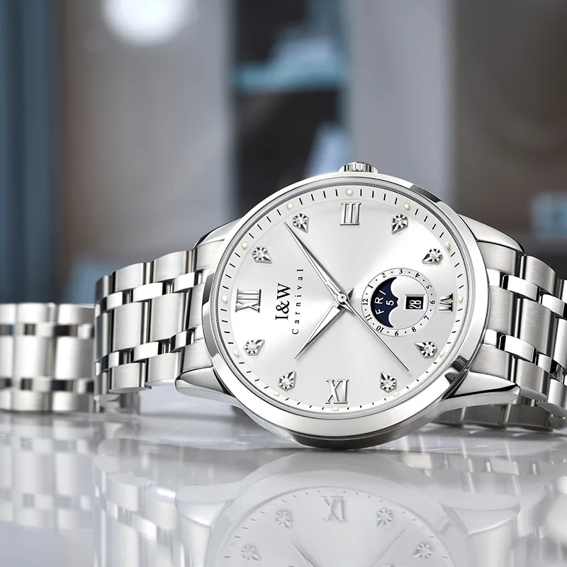I&W CARNIVAL HWGUOJI Automatic Mechanical Movement Stainless Steel Strap Watch Men's Watches White Dial-3
