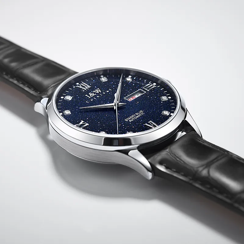 I&W CARNIVAL HWGUOJI Automatic Mechanical Movement Cowhide Strap Watch Men's Watches Blue Dial-6